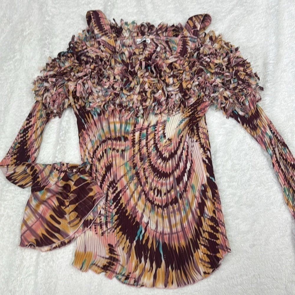 Brown and Orange Ruched Bell Sleeve Blouse - Picture 2 of 9
